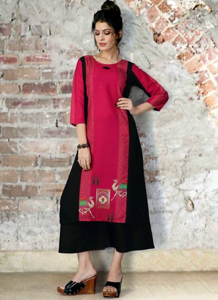 Pink And Black Style Roof SUZAN Fancy Ethnic Wear Pure Poly Printed Latest Kurtis Collection SU-04
